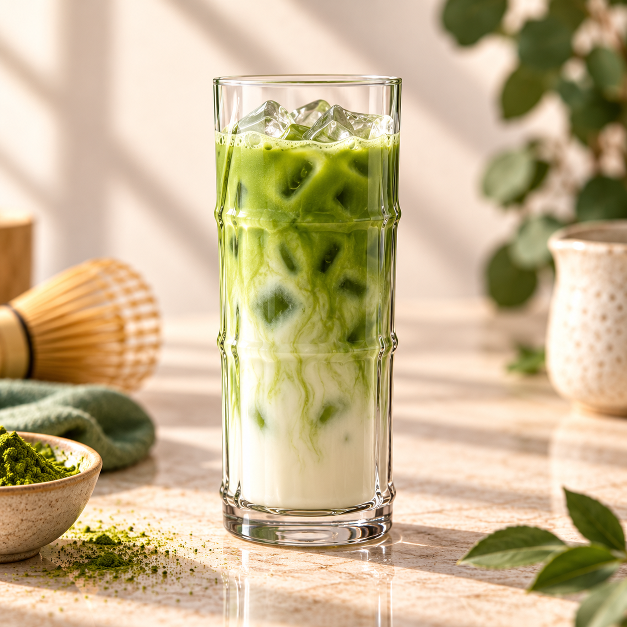 Ľadové matcha latte v rebrovanom pohári